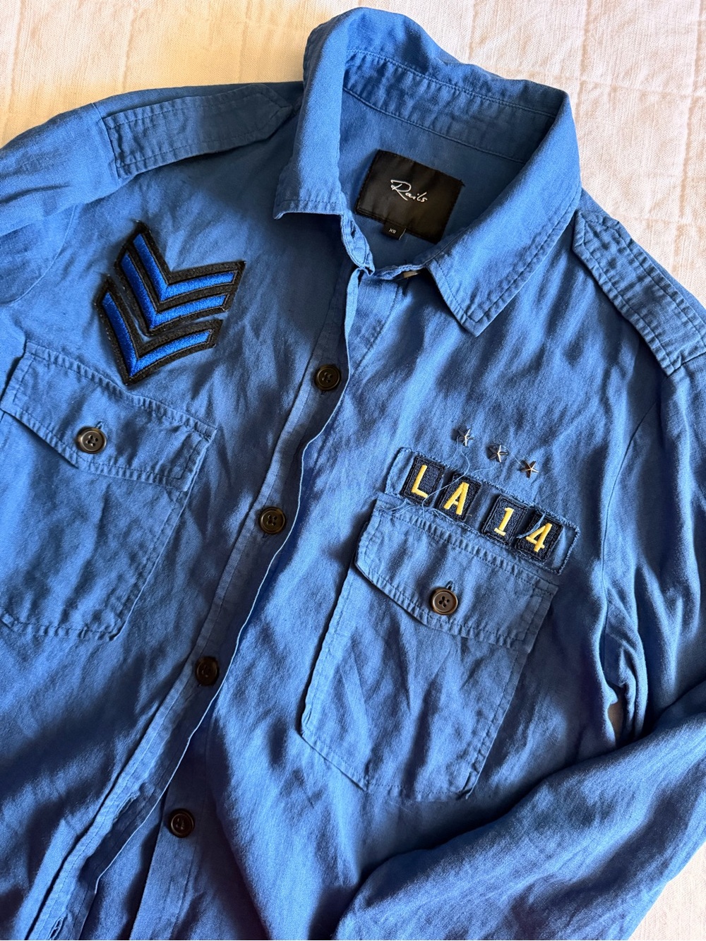 Rails Blue Linen Military Patch Button-Up Shirt